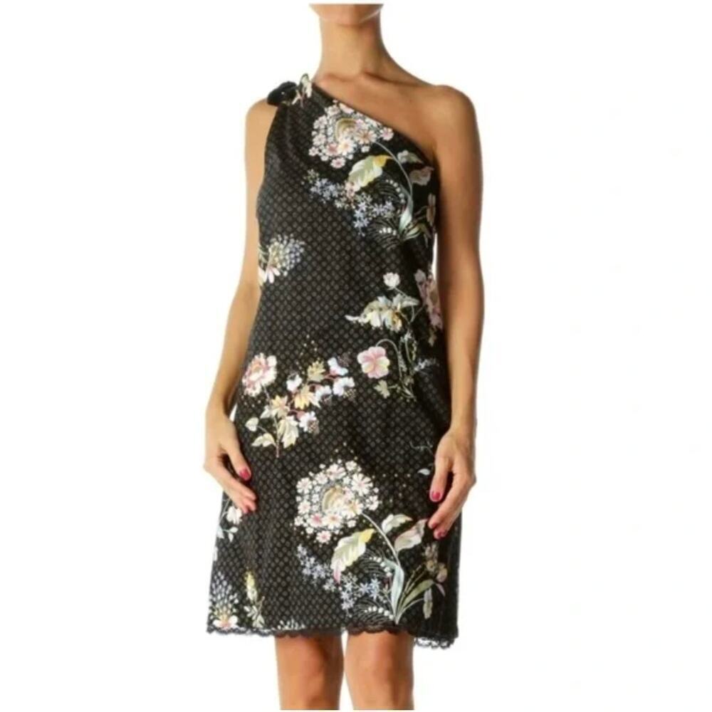 Anthropologie Maeve Ashbury One-Shoulder Black Printed Dress • Size 10 ⬇️